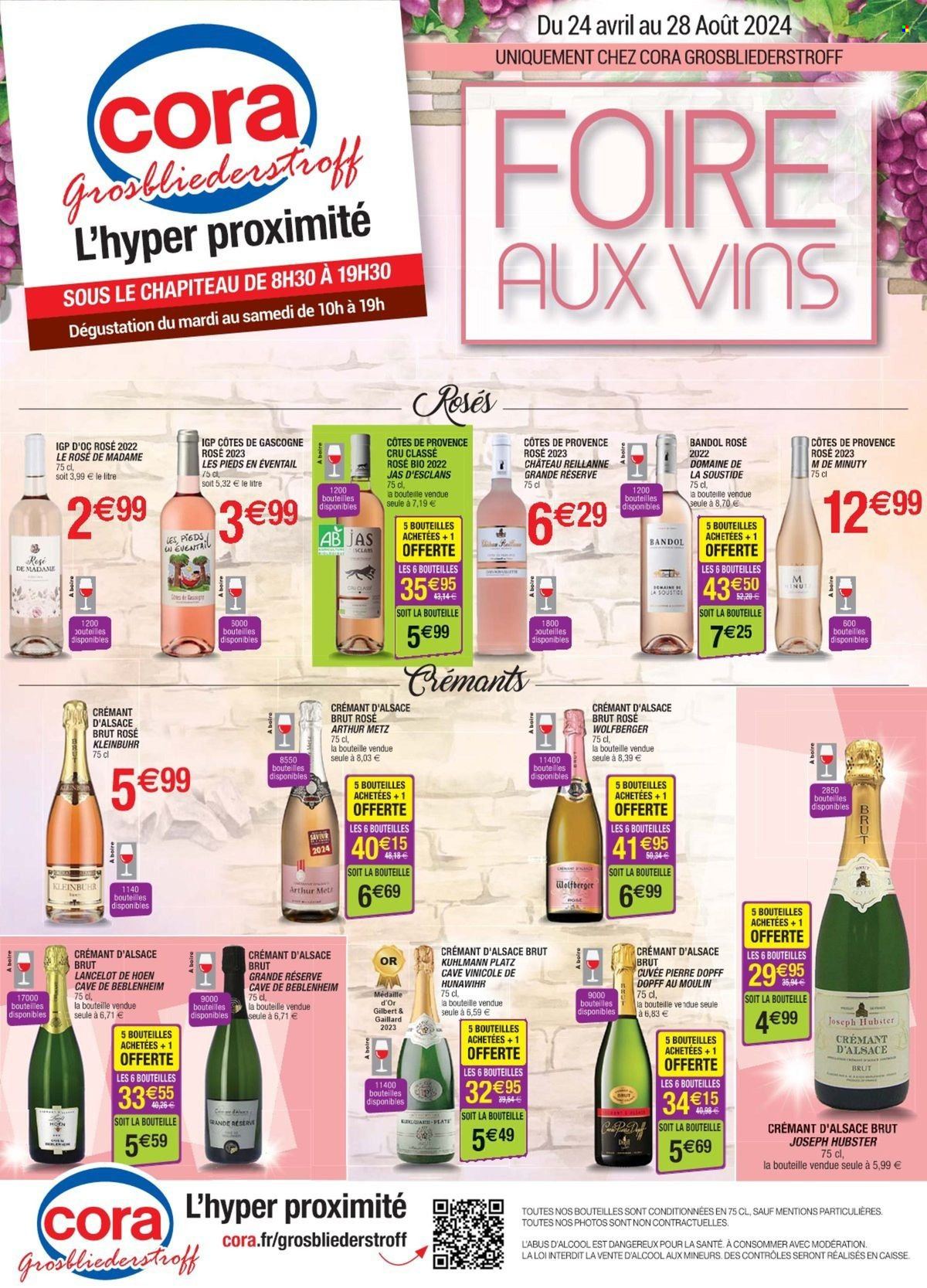 thumbnail - Catalogue Cora - 24/04/2024 - 28/08/2024 - Produits soldés - alcool, boire, Côtes de Gascogne, Crémant d’Alsace, champagne, vin rosé, vin, vin pétillant. Page 1.