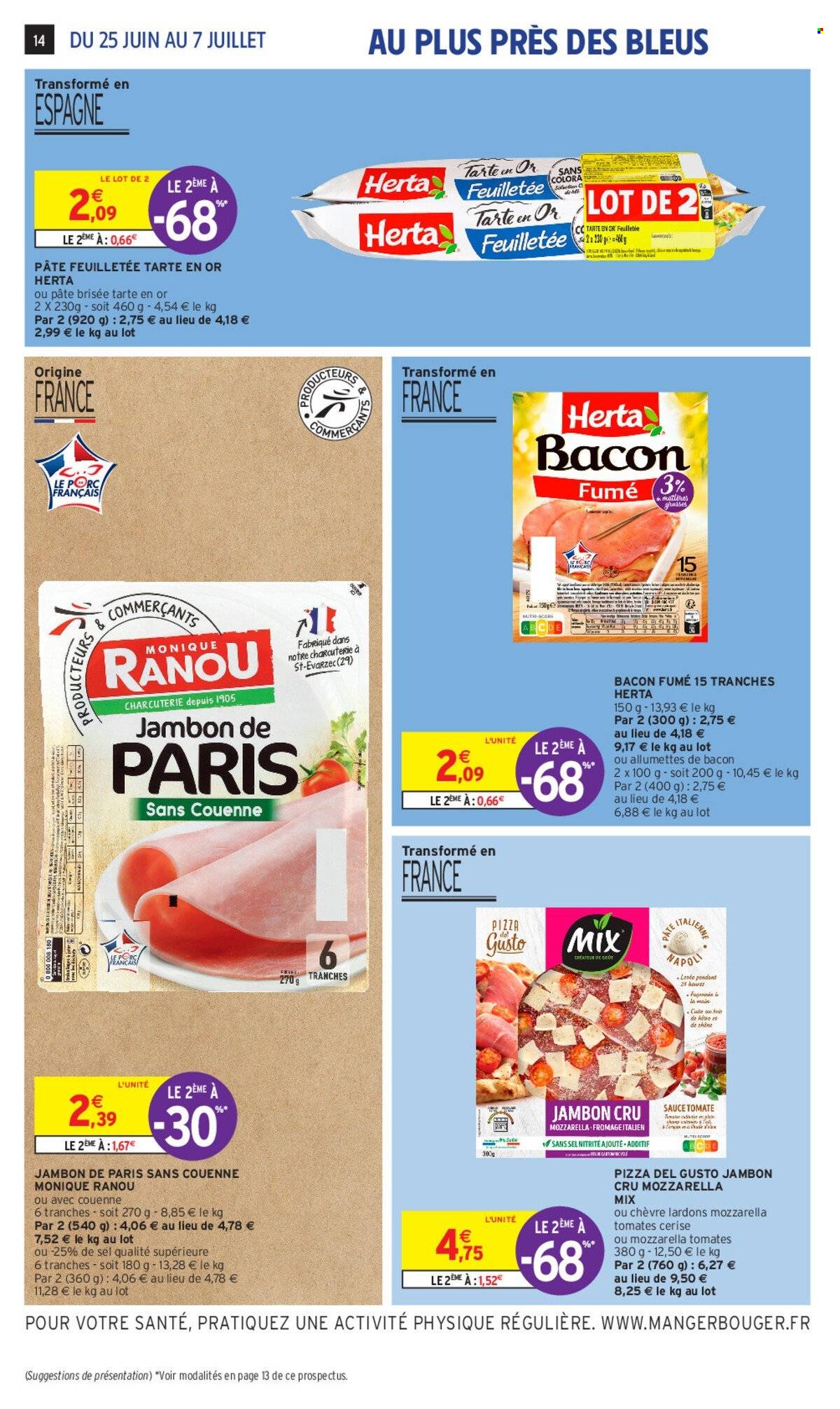 thumbnail - Catalogue Intermarché - 25/06/2024 - 07/07/2024 - Produits soldés - pizza, jambon sec, jambon cru, fromage, Herta, bacon, jambon, pâte feuilletée. Page 14.