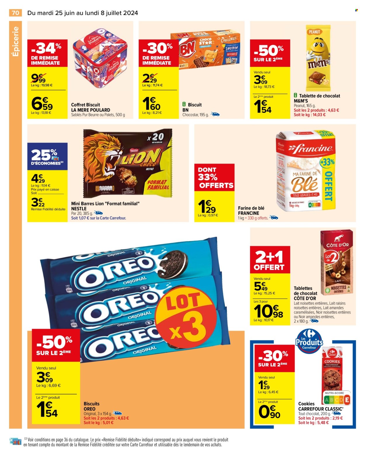 thumbnail - Catalogue Carrefour Hypermarchés - 25/06/2024 - 08/07/2024 - Produits soldés - biscuits, chocolat, M&M's, tablettes de chocolat, coffret, Nestlé, Lion, barre de chocolat, farine, Oreo, Côte d'Or, cookies. Page 72.