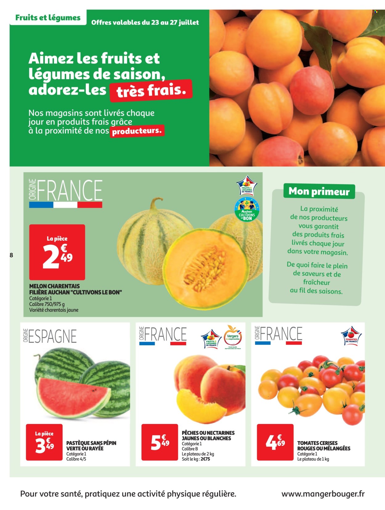 thumbnail - Catalogue Auchan - 23/07/2024 - 28/07/2024 - Produits soldés - melon, nectarine, pêche, tomates, pastèque, tomates cerises. Page 8.