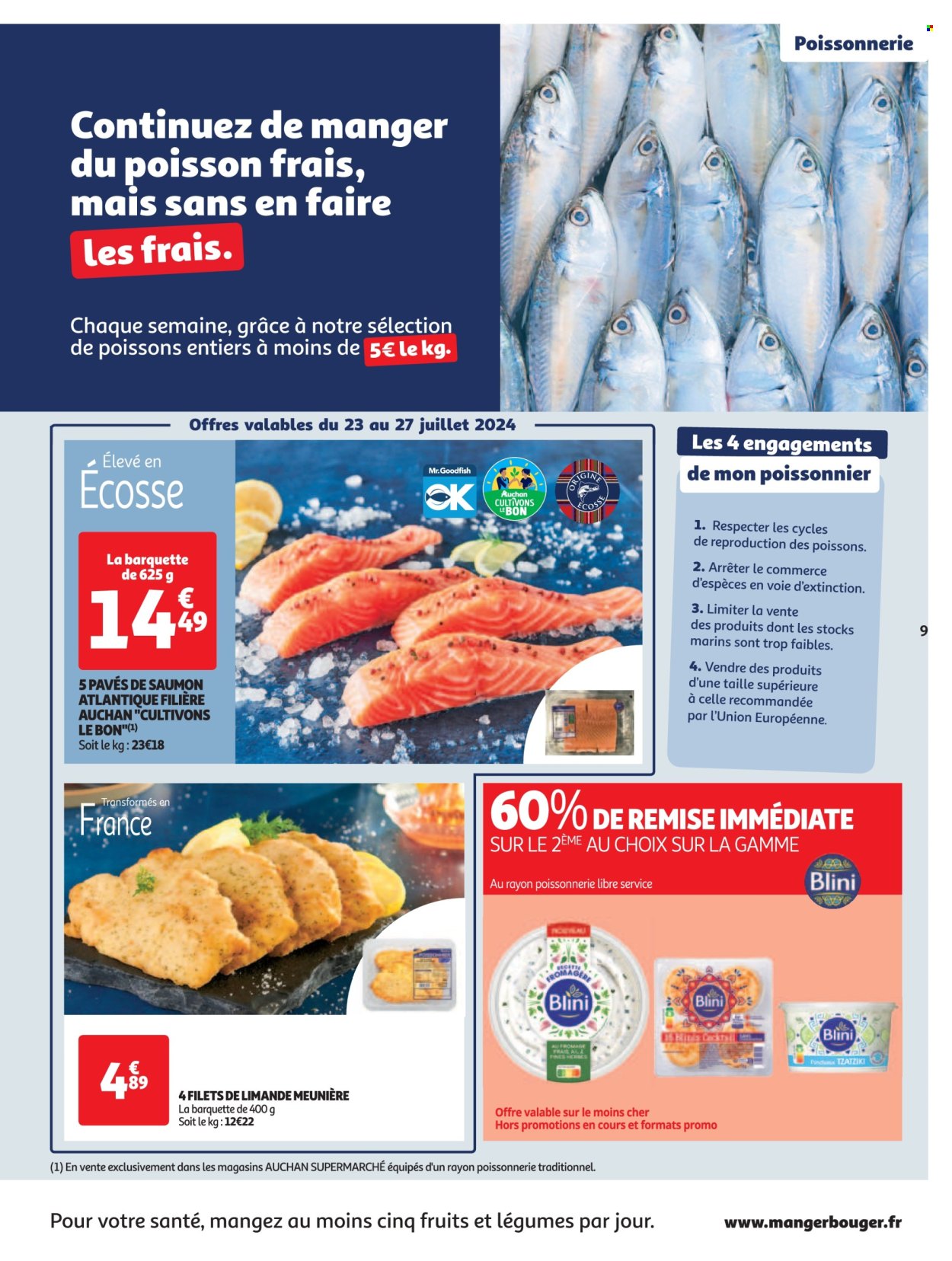 thumbnail - Catalogue Auchan - 23/07/2024 - 28/07/2024 - Produits soldés - maïs, limande, pavés de saumon, poisson, blini, tzatziki. Page 9.