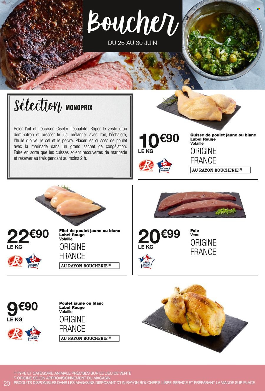thumbnail - Catalogue Monoprix - 26/06/2024 - 07/07/2024 - Produits soldés - viande, filet de poulet, cuisses de poulet, viande de poulet, cuisse de poulet, viande de veau, huile d'olive. Page 20.