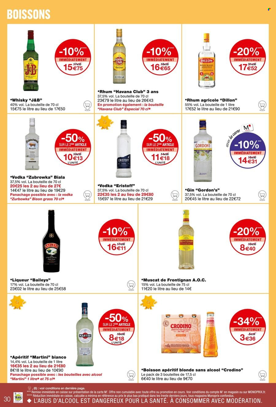 thumbnail - Catalogue Monoprix - 26/06/2024 - 07/07/2024 - Produits soldés - gin, vodka, whisky, Martini, rhum, rhum blanc, liqueur, J&B, apéritif, Baileys Irish cream. Page 30.