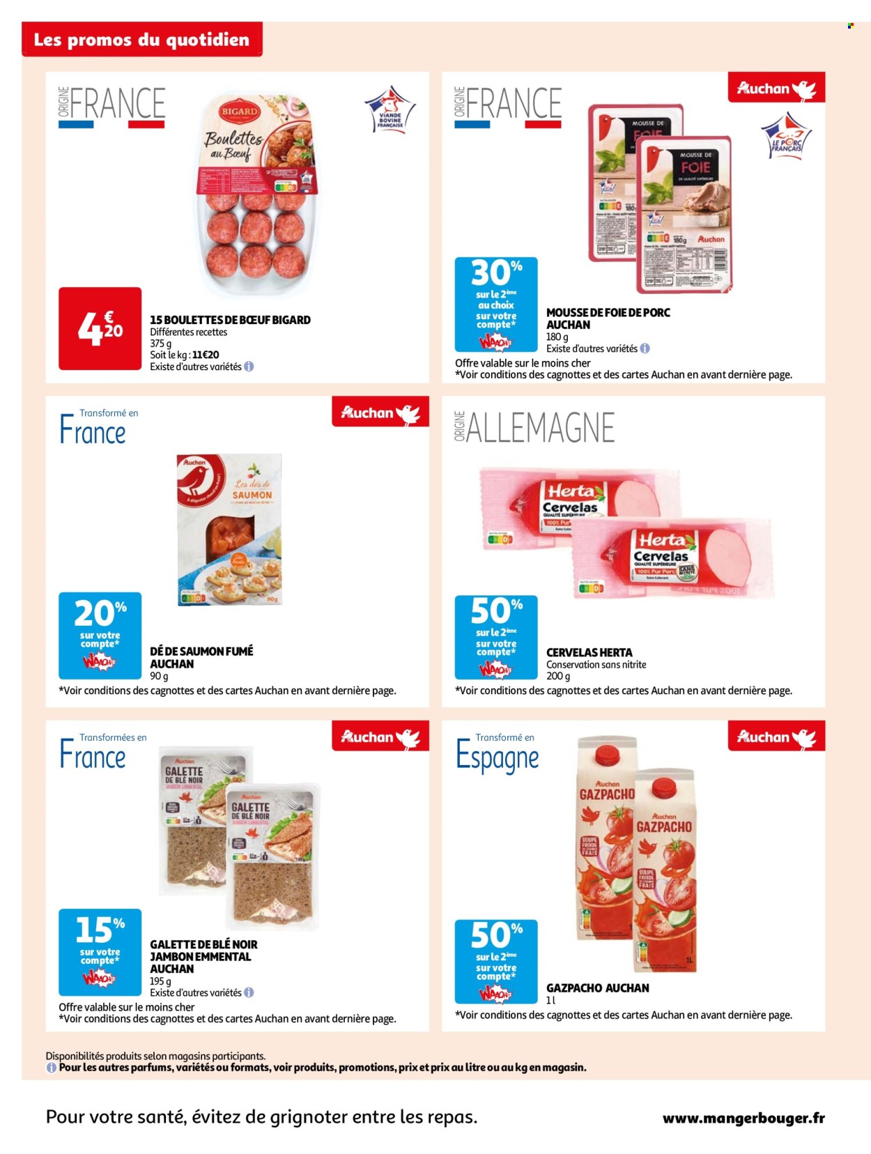 thumbnail - Catalogue Auchan - 02/07/2024 - 21/07/2024 - Produits soldés - viande boeuf, boulettes de bœuf, mousse de foie, saumon, saumon fumé, Herta, cervelas, galettes, jambon, gazpacho. Page 2.