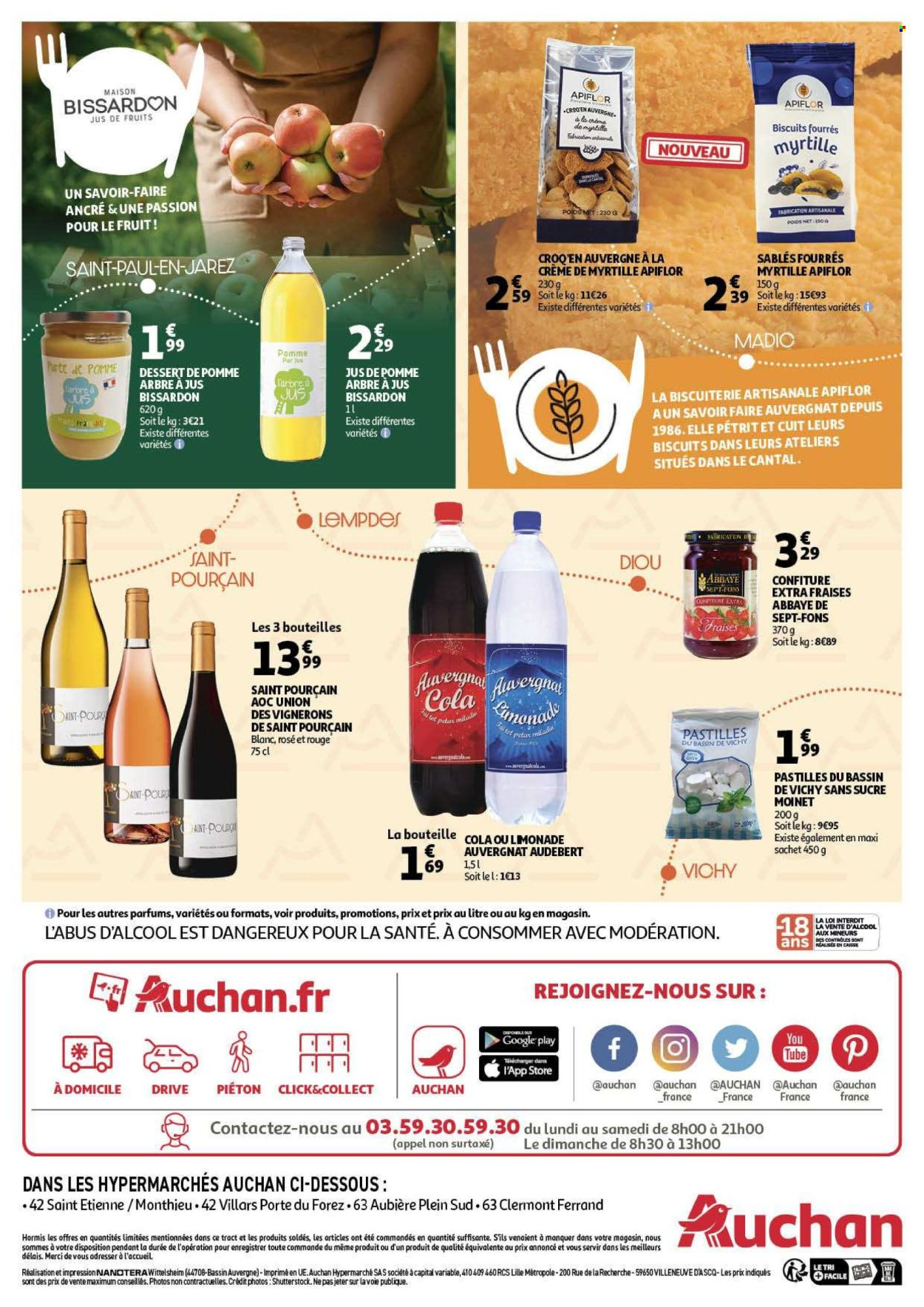 thumbnail - Catalogue Auchan - 02/07/2024 - 15/07/2024 - Produits soldés - dessert, Cantal, fromage à pâte dure, biscuits, sablés, confiture, Coca-Cola, jus de pomme, limonade, vin, vins de Loire, Vichy, maison. Page 4.