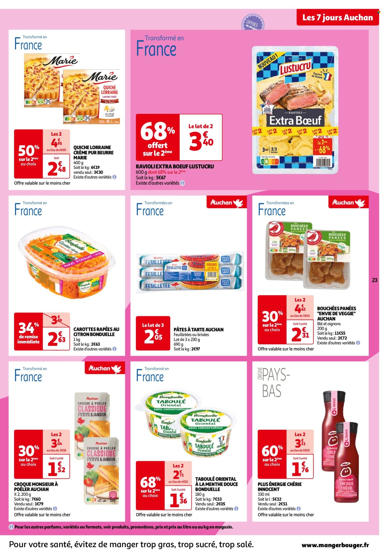 thumbnail - Catalogue Auchan - 02/07/2024 - 08/07/2024 - Produits soldés - quiche, ravioli, Lustucru, carotte, Bonduelle, pâte à tarte, produit végétarien, bouchées, croque-monsieur. Page 23.