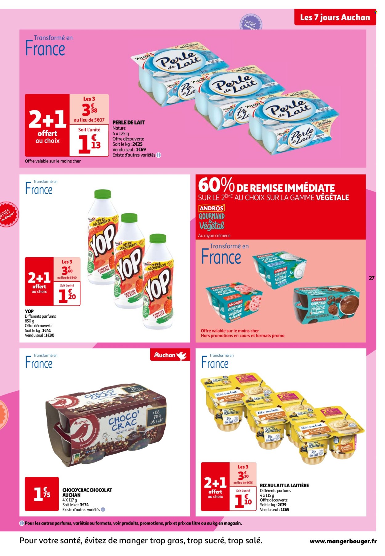thumbnail - Catalogue Auchan - 02/07/2024 - 08/07/2024 - Produits soldés - yaourt, boisson au yaourt, ANDROS, dessert au chocolat, chocolat, riz au lait. Page 27.