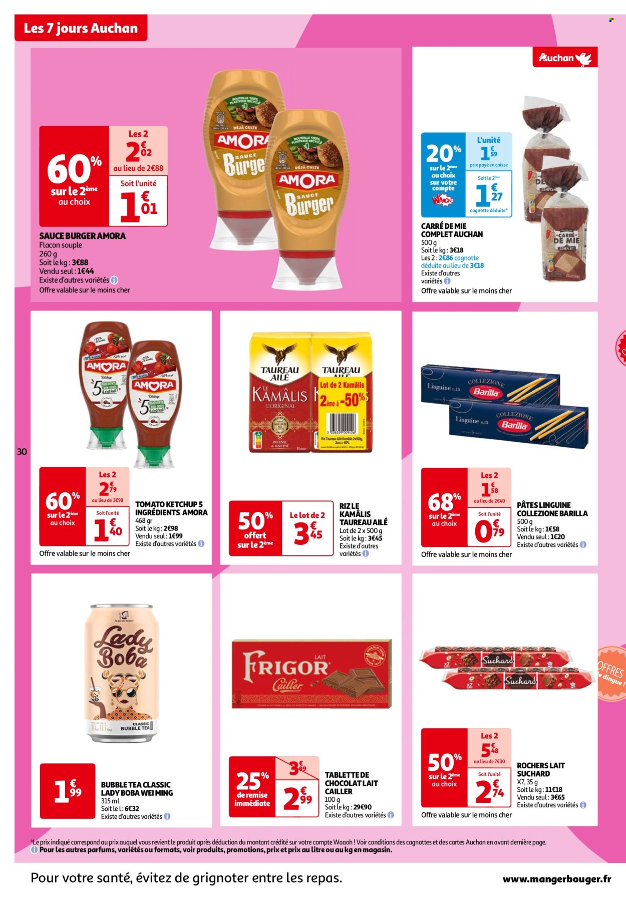 thumbnail - Catalogue Auchan - 02/07/2024 - 08/07/2024 - Produits soldés - sauce pour hamburger, ketchup, riz, pâtes, Barilla, thé glacé, chocolat, tablettes de chocolat, Suchard. Page 30.