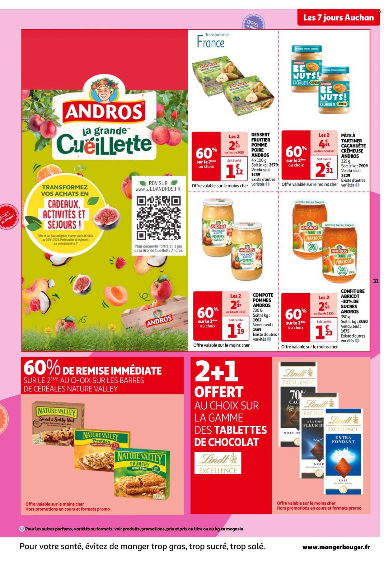 thumbnail - Catalogue Auchan - 02/07/2024 - 08/07/2024 - Produits soldés - dessert, ANDROS, pâte à tartiner, cacahuètes, compote, confiture, barre de céréales, chocolat, Lindt, tablettes de chocolat. Page 31.