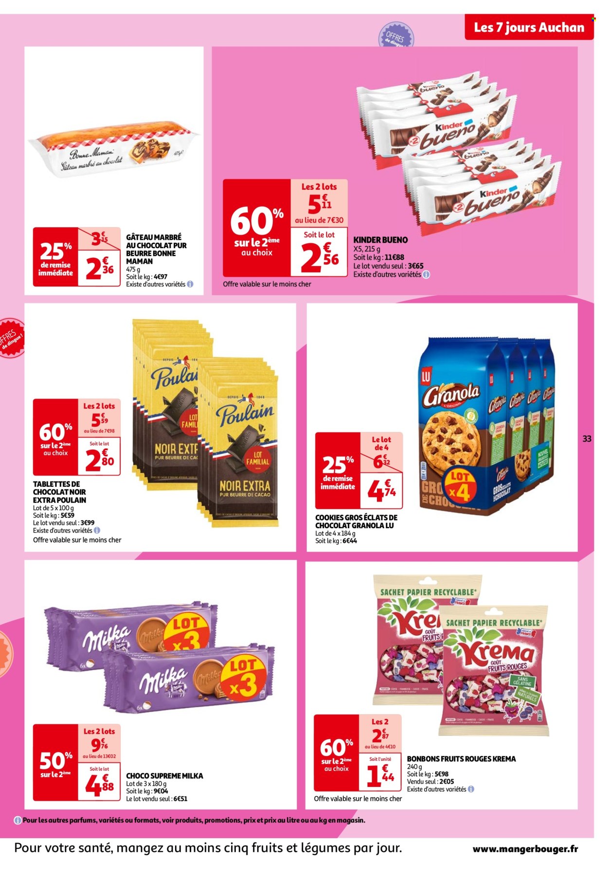 thumbnail - Catalogue Auchan - 02/07/2024 - 08/07/2024 - Produits soldés - gâteau, Kinder, Kinder Bueno, barre de chocolat, chocolat, chocolat noir, tablettes de chocolat, granola, cookies, LU, Milka, biscuits, bonbons. Page 33.