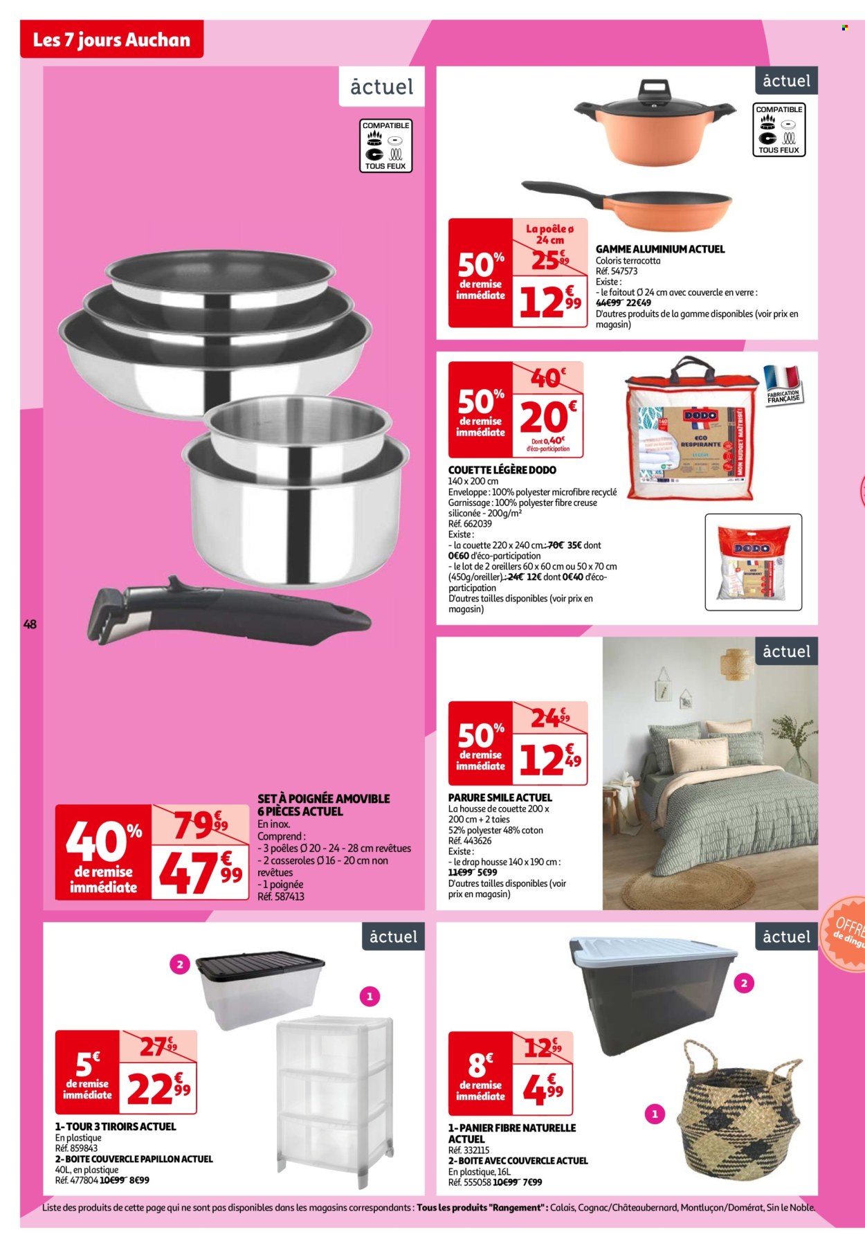 thumbnail - Catalogue Auchan - 02/07/2024 - 08/07/2024 - Produits soldés - ensemble de casseroles, Dodo, couette, boîte de rangement, boîte à tiroirs, panier. Page 48.