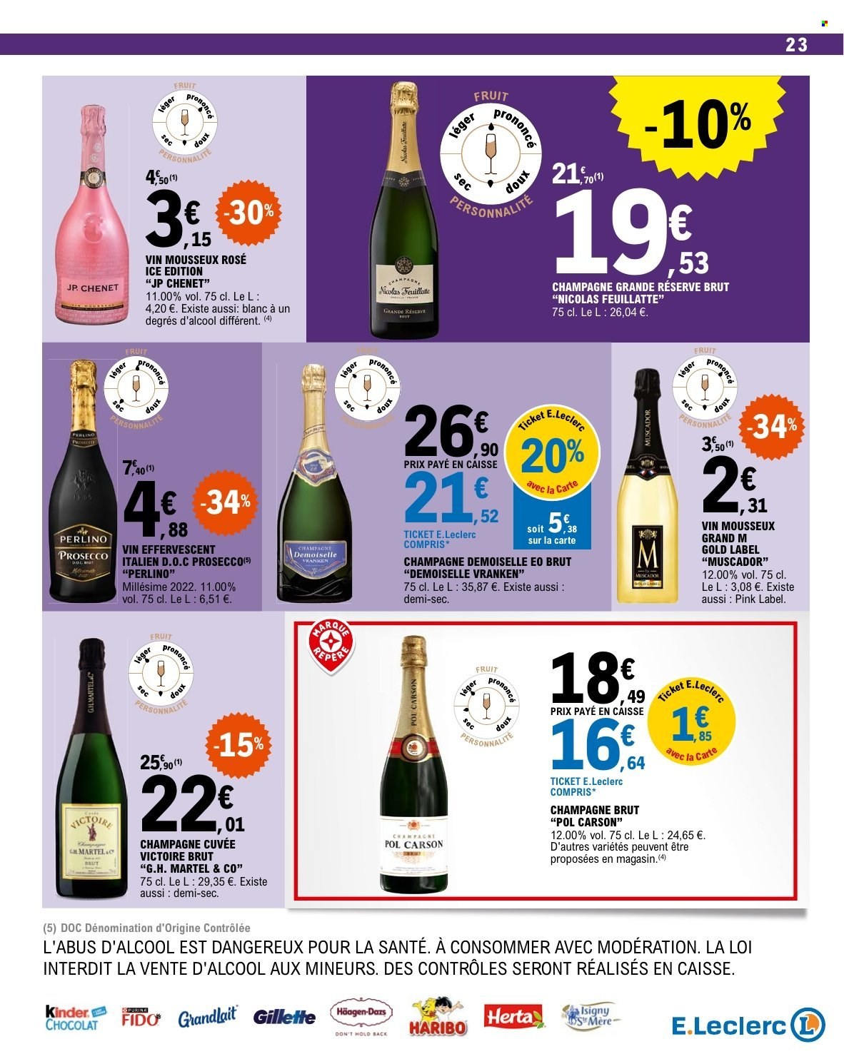 thumbnail - Catalogue E.Leclerc - 02/07/2024 - 13/07/2024 - Produits soldés - Herta, Grandlait, Kinder, bonbon gommeux, champagne, Prosecco, vin, Gillette, FIDO. Page 23.