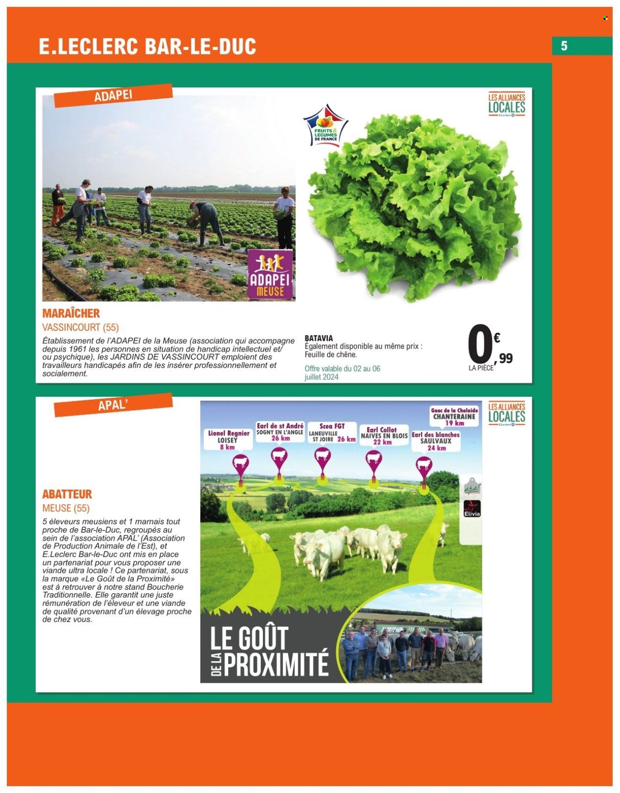 thumbnail - Catalogue E.Leclerc - 02/07/2024 - 13/07/2024 - Produits soldés - viande, salade batavia, feuille de chêne, poisson. Page 5.