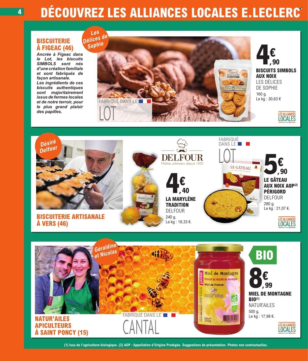 thumbnail - Catalogue E.Leclerc - 02/07/2024 - 13/07/2024 - Produits soldés - Cantal, fromage à pâte dure, biscuits, miel, noix. Page 4.