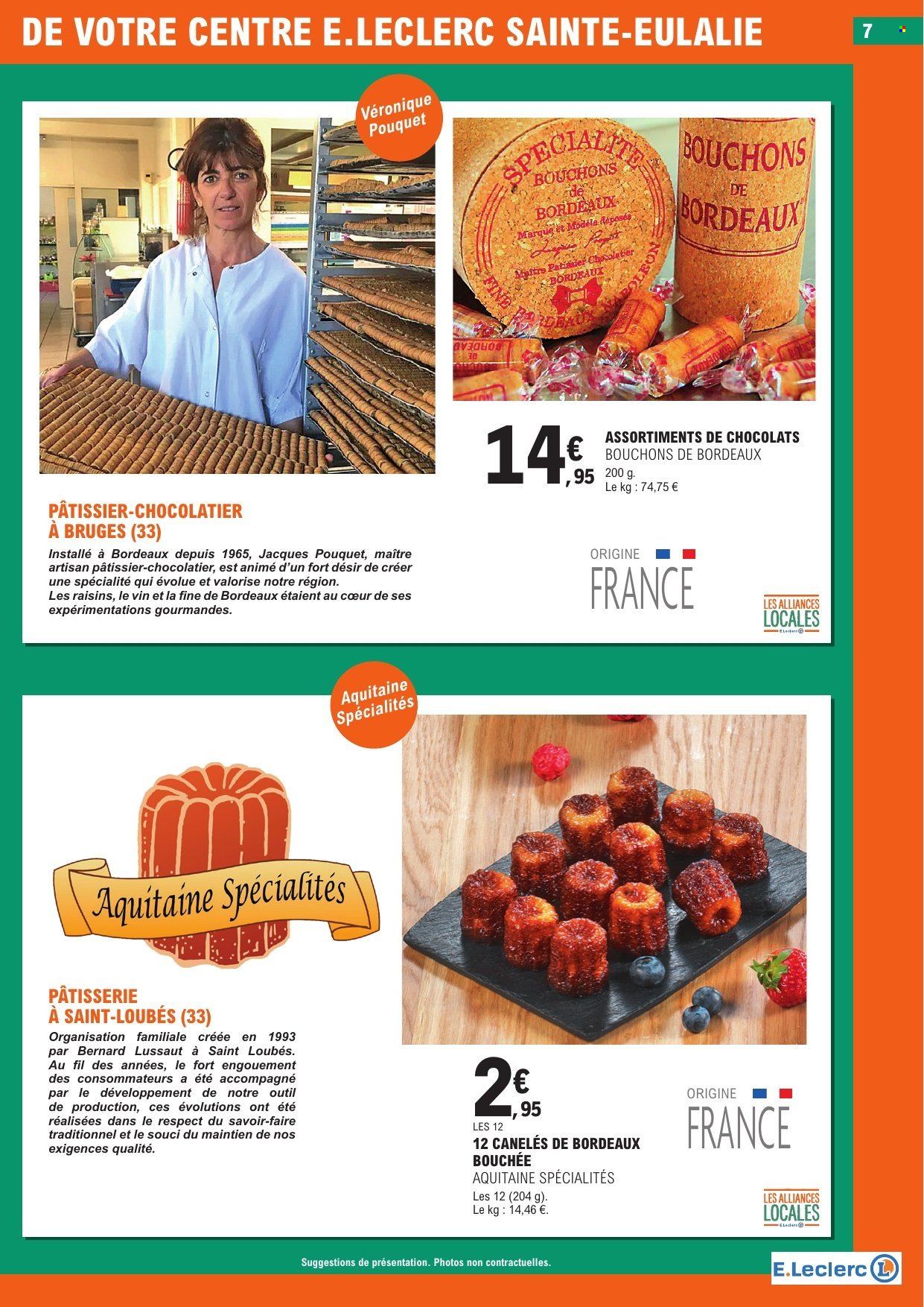 thumbnail - Catalogue E.Leclerc - 02/07/2024 - 13/07/2024 - Produits soldés - canelé, bouchée, chocolat, boîte de chocolats, Bordeaux, fleur. Page 7.