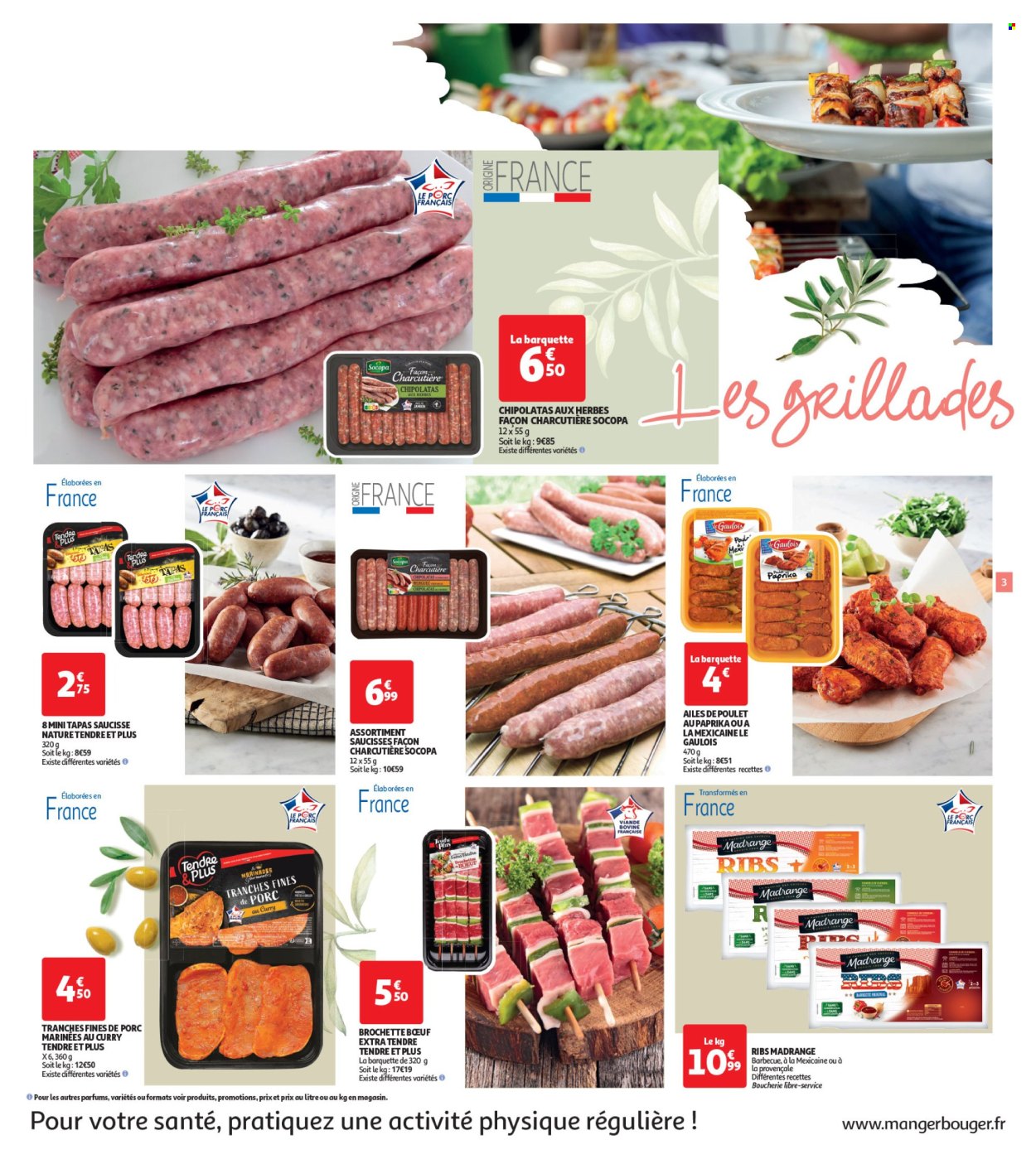thumbnail - Catalogue Auchan - 02/07/2024 - 08/07/2024 - Produits soldés - viande, viande de poulet, ailes de poulet, viande boeuf, tapas, saucisse, chipolata. Page 3.