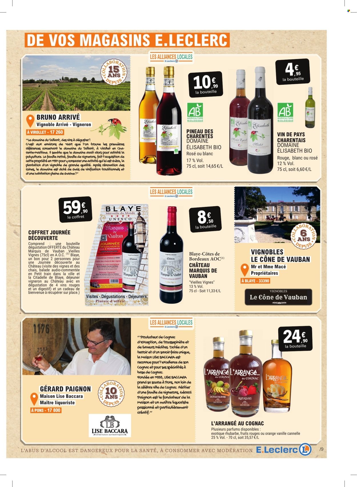 thumbnail - Catalogue E.Leclerc - 02/07/2024 - 13/07/2024 - Produits soldés - alcool, rhubarbe, cannelle, Bordeaux, vin rouge, vin, cognac, cône, train. Page 9.