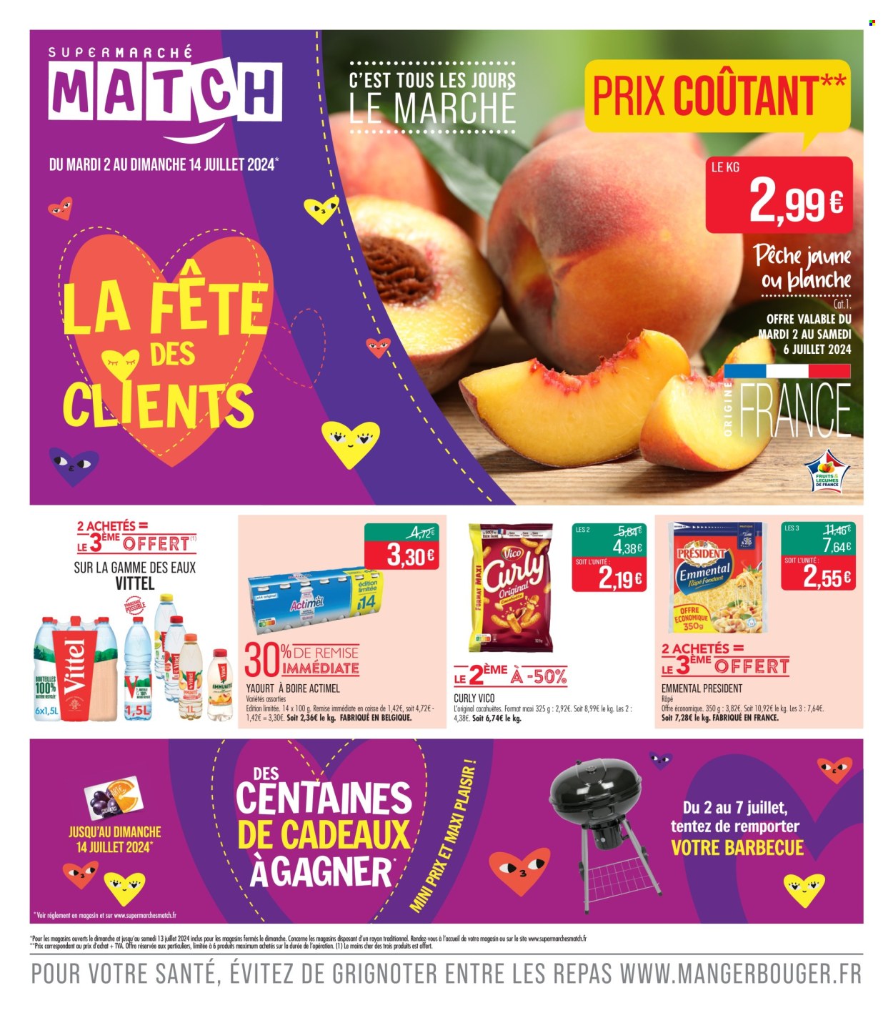 thumbnail - Catalogue Supermarché Match - 02/07/2024 - 14/07/2024 - Produits soldés - emmental, fromage, Président, Actimel, boisson au yaourt, cacahuètes, Vico, Vittel, compléments alimentaires. Page 1.