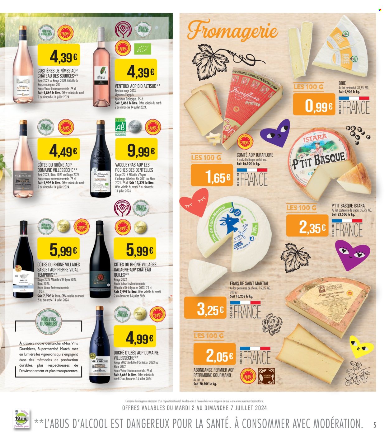 thumbnail - Catalogue Supermarché Match - 02/07/2024 - 14/07/2024 - Produits soldés - alcool, Brie, fromage, Côtes du Rhône, vin rouge, vin. Page 5.