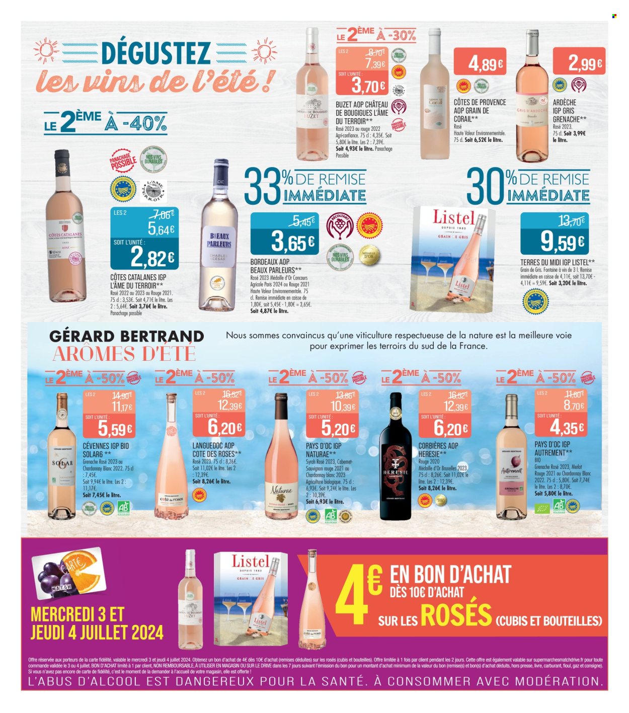 thumbnail - Catalogue Supermarché Match - 02/07/2024 - 14/07/2024 - Produits soldés - alcool, Bordeaux, Corbières, vin rosé, vin rouge, vin. Page 16.