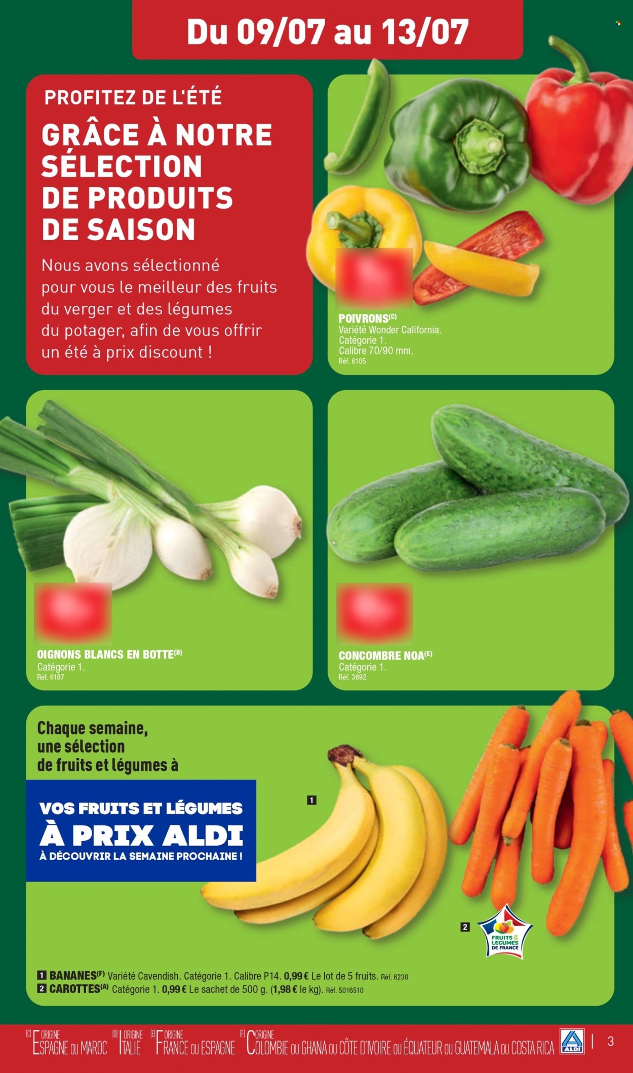 thumbnail - Catalogue ALDI - 09/07/2024 - 15/07/2024 - Produits soldés - bottes, bananes, carotte, concombre, oignons, poivrons. Page 5.