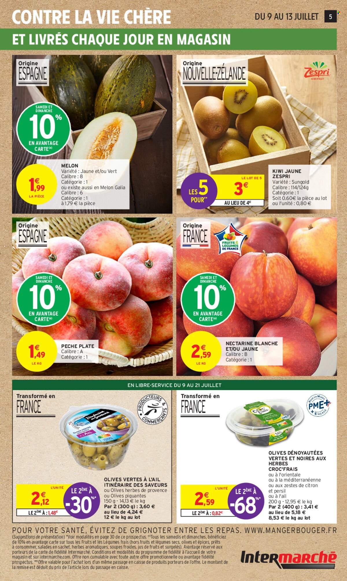 thumbnail - Catalogue Intermarché - 09/07/2024 - 21/07/2024 - Produits soldés - antipasti, olives, olives vertes, nectarine, pêche, kiwi, melon. Page 5.