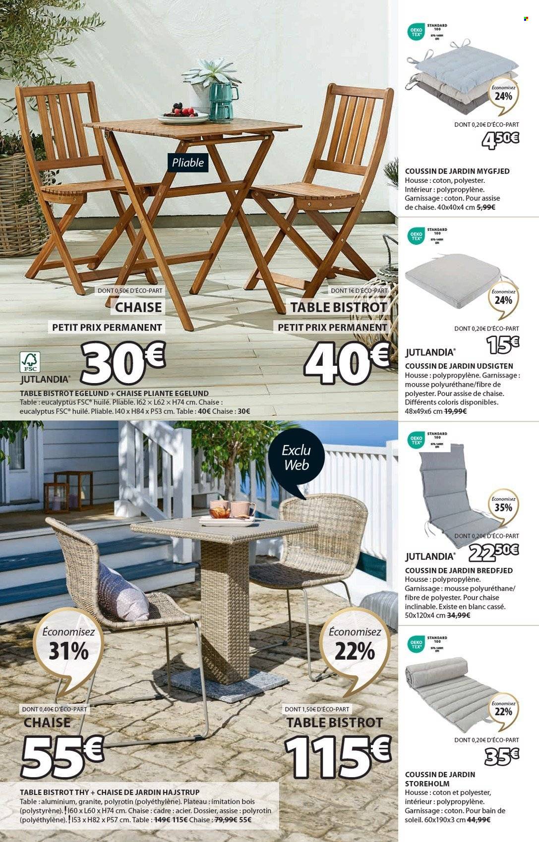 thumbnail - Catalogue JYSK - 25/06/2024 - 29/07/2024 - Produits soldés - coussin, chaise, chaise pliante, table, chaise inclinable, bain de soleil. Page 19.