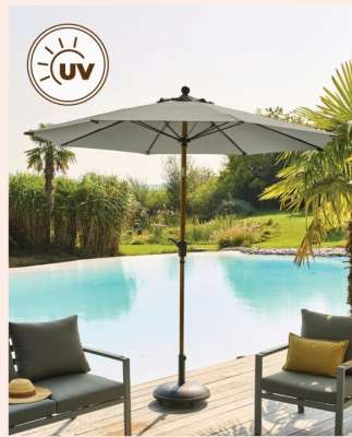 Parasol Droit Ø2,7 M - Structure en aluminium effet bois, inclinable
Réf. 957381
Divers coloris