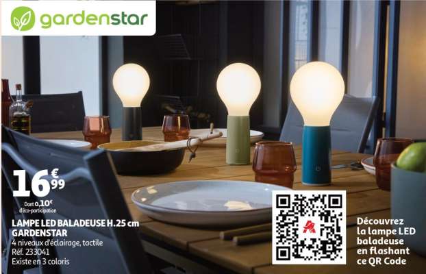 Lampe Led Baladeuse H.25 Cm Gardenstar - 4 niveaux d'éclairage, tactile
Réf. 233041
Existe en 3 coloris