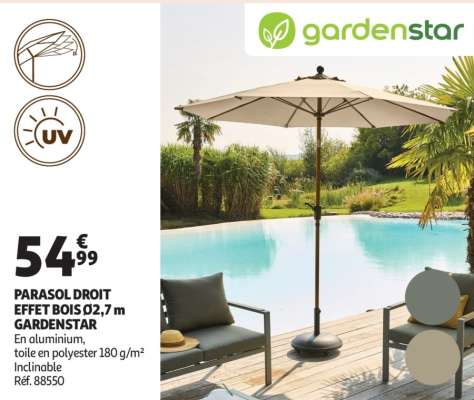 Parasol Droit Effet Bois Ø2,7 M  Gardenstar - En aluminium, toile en polyester 180 g/m²
Inclinable
Réf. 88550