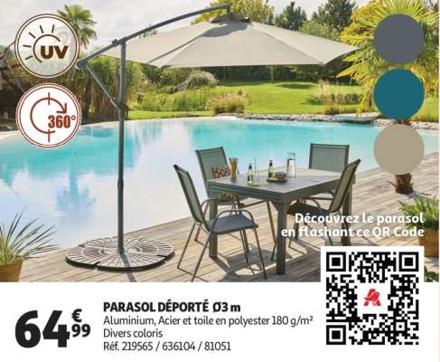 Parasol Deporté  Ø3 M - Aluminium, Acier et toile en polyester 180 g/m²
Divers coloris
Réf. 219565 / 636104 / 81051