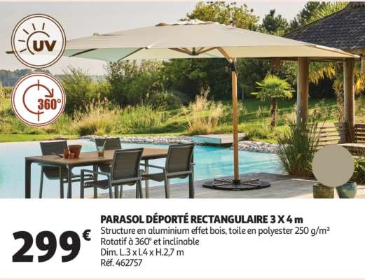 Parasol Déporté Rectangulaire 3 X 4 M - Structure en aluminium effet bois, toile en polyester 250 g/m²
Rotatif à 360° et inclinable
Dim. L.3 x l.4 x H.2,7 m
Réf. 462757
