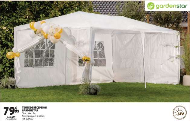 Tente De Réception Gardenstar - Dim. L.6 x l.3 m
Avec rideaux et fenêtres
Réf. 820450