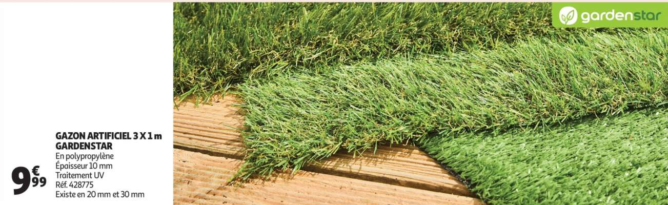 Gazon Artificiel 3 X 1 M Gardenstar - En polypropylène
Épaisseur 10 mm
Traitement UV
Réf. 428775
