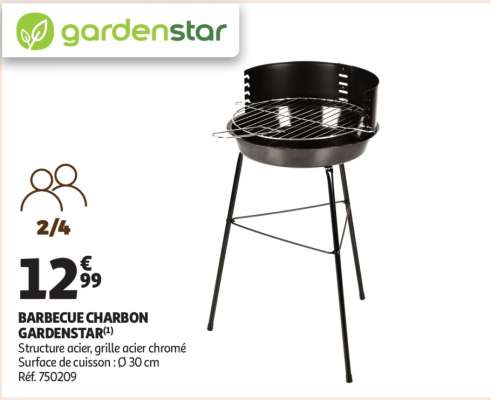 Barbecue Charbon Gardenstar - Structure acier, grille acier chromé
Surface de cuisson : Ø 30 cm
Réf. 750209