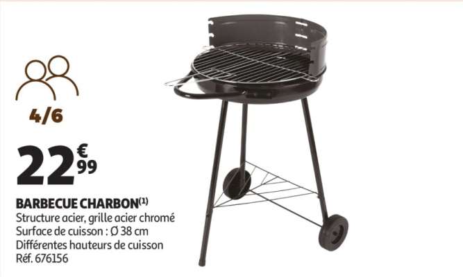 Barbecue Charbon - Structure acier, grille acier chromé
Surface de cuisson : Ø 38 cm
Différentes hauteurs de cuisson
Réf. 676156