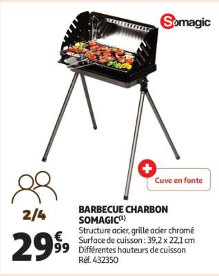 Barbecue Charbon Somagic - Structure acier, grille acier chromé
Surface de cuisson : 39,2 x 22,1 cm
Différentes hauteurs de cuisson
Réf. 432350