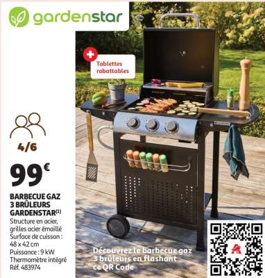 Barbecue Gaz 3 Brûleurs Gardenstar - Structure en acier, grilles acier émaillé
Surface de cuisson : 48 x 42 cm
Puissance : 9 kW
Thermomètre intégré
Réf. 483974