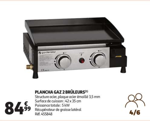 Plancha Gaz 2 Brûleurs - Structure acier, plaque acier émaillé 3,5 mm
Surface de cuisson : 42 x 35 cm
Puissance totale : 5 kW
Récupérateur de graisse latéral
Réf. 455848