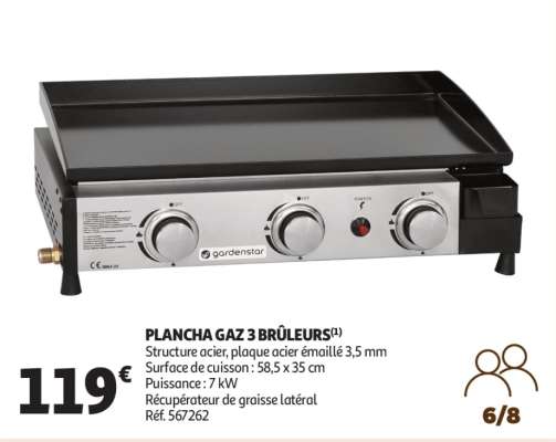 Plancha Gaz 3 Brûleurs - Structure acier, plaque acier émaillé 3,5 mm
Surface de cuisson : 58,5 x 35 cm
Puissance : 7 kW
Récupérateur de graisse latéral
Réf. 567262