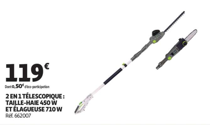 2 En 1 Télescopique : Taille-Haie 450 W Et Élagueuse 710 W - Réf. 662007