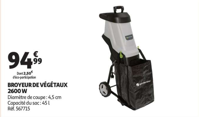 Broyeur De Végétaux 2600 W - Diamètre de coupe : 4,5 cm
Capacité du sac : 45 l
Réf. 567715