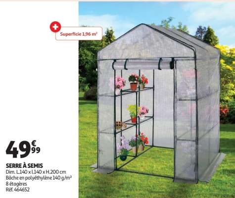 Serre À Semis - Dim. L.140 x l.140 x H.200 cm
Bâche en polyéthylène 140 g/m²
8 étagères
Réf. 464652