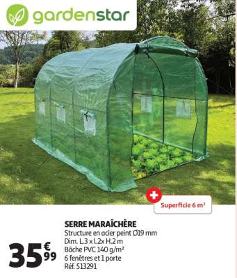 Serre Maraîchère - Structure en acier peint Ø19 mm
Dim. L.3 x l.2x H.2 m
Bâche PVC 140 g/m²
6 fenêtres et 1 porte
Réf. 513291