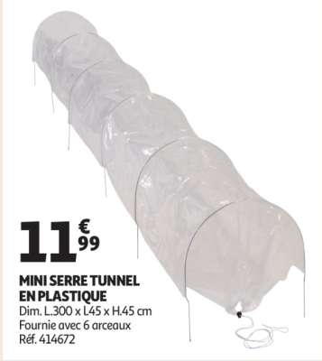 Mini Serre Tunnel En Plastique - Dim. L.300 x l.45 x H.45 cm
Fournie avec 6 arceaux
Réf. 414672