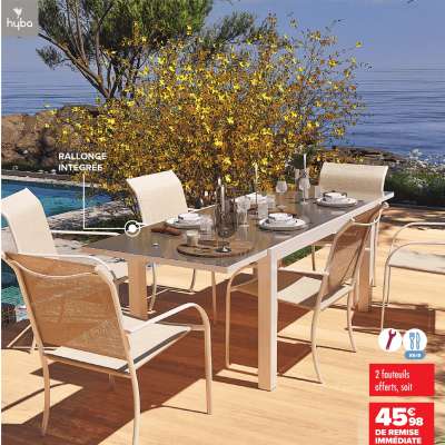 HYBA Table extensible Tello - Dim : L 150/250 x l 90 x H 75 cm. Structure en aluminium avec plateau en verre. Rallonge 150/250 cm intégrée.