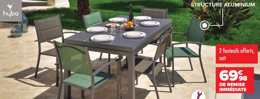 HYBA Table extensible Canberra - Dim : L 180/240 x l 100 x H 77 cm. Structure en aluminium et plateau en verre trempé. Coloris gris foncé. Rallonge automatique 180/240cm intégrée.