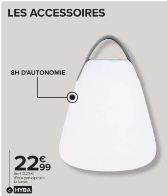 HYBA Lampe Hyba 30 cm - Dim. : Ø 22,8 x H 30 cm. En polyéthylène et ABS. 8 LED blanches. 3 niveaux d’intensité lumineuse pour moduler l’ambiance. Facile à transporter avec sa poignée et possibilité de l’accrocher. Rechargeable avec câble USB inclus.
