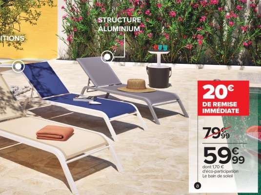 HYBA Bain de soleil Tello - Dim. : L 172/197 x l 55 x H 34/88 cm . Structure en aluminium et textilène (100% polyester enduit PVC). Réglage multipositions. Existe en différents coloris.