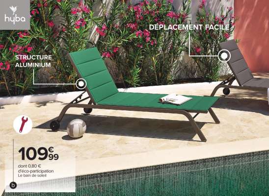 HYBA Bain de soleil Canberra - Dim. : L 181/193 x l 71 x H 43/97 cm. Bain de soleil multipositions. Structure en aluminium et textilène (100% polyester enduit PVC) rembourré. Roues incluses pour un déplacement facile. Existe en coloris gris et vert.